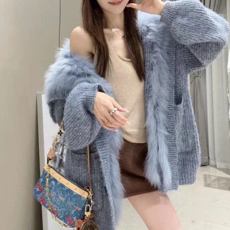 

New Thin Solid Color Temperament Age-reducing Hooded Coat Korean Version Big Pocket Thick Cardigan Knitted Warm Sweater Jacket