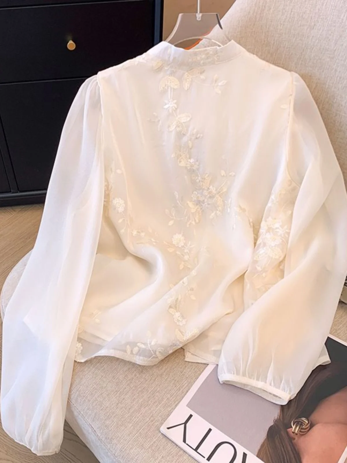

Retro Chinese Sle Embroidered Button irt Women's Spring Summer Long Sve Chiffon Top Heavy Work Sensation High End Feel