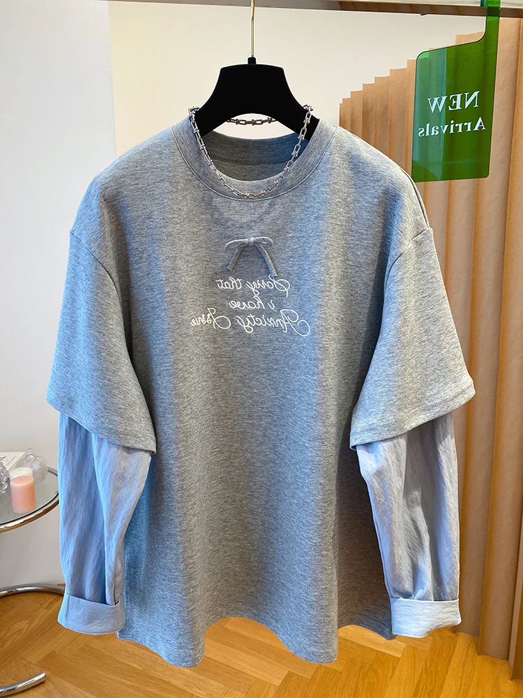 

Loose Fit ey Long Sve T-irt Women's Base Layer plus Size Faionable Korean Sle Commute Cotton round Ne Top