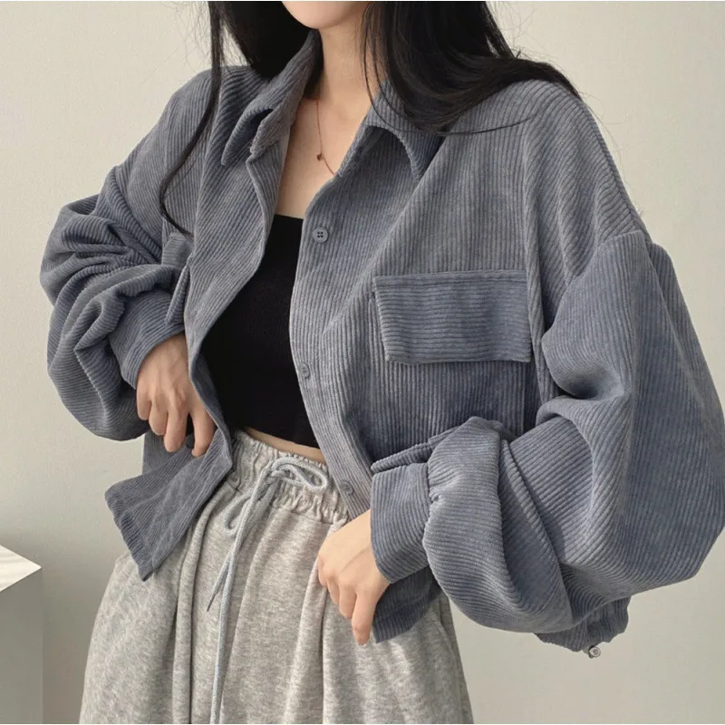 Women Clothing Spring Autumn Retro Single Breasted Lapels Corduroy Shirt Long Sleeved Jacket Women Casual with Pocket Loose Coat