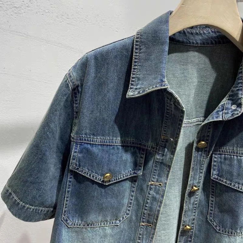 Denim Shirt  Women\'s Summer 2024 New Turndown Collar Loose Casual Short Jacket Fashion Short Sleeved Single Breasted Thin Top