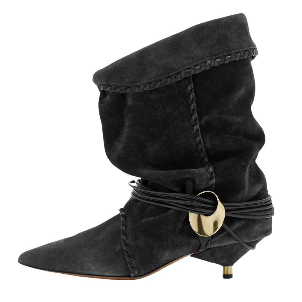 Autumn and Winter New Women\'s Thin Heel Short Boots Fashion Pointed Wide Tube Low Heel Wrinkled Women\'s 34-44 Large Ankle Boots