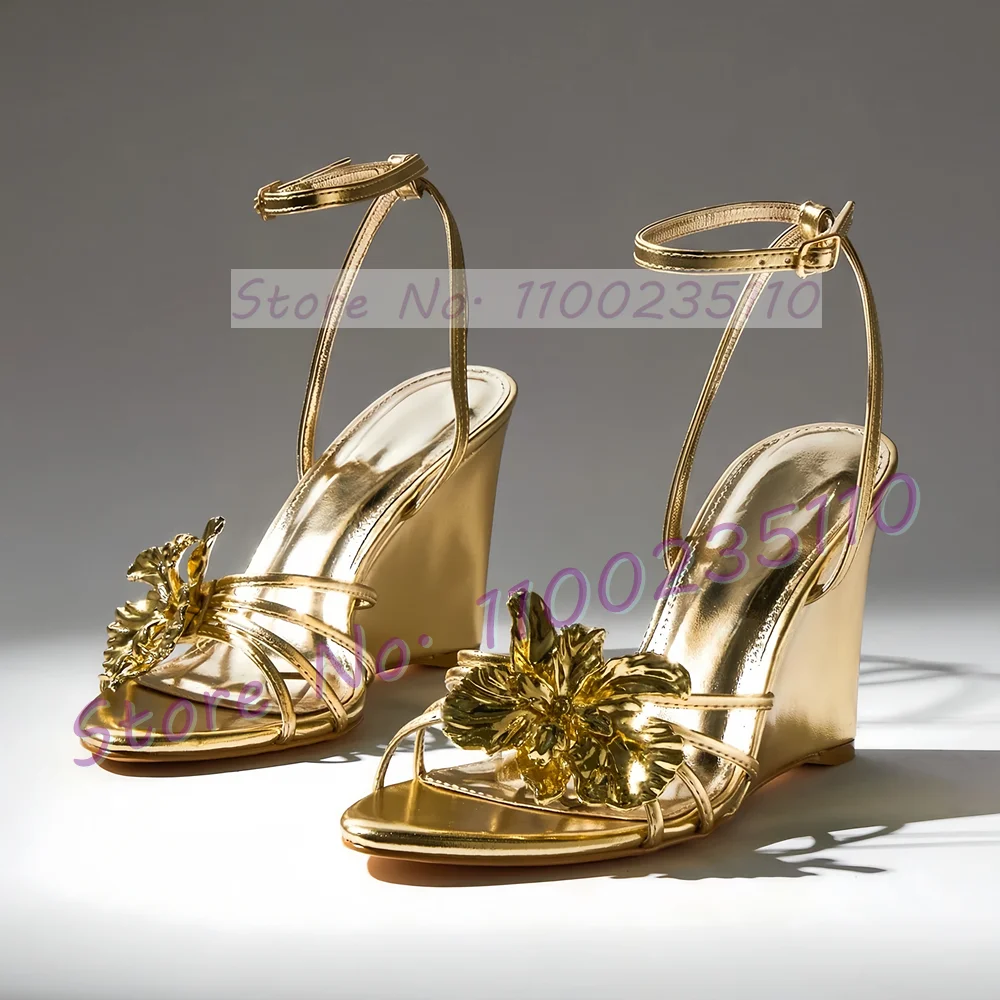 Golden Flower Decal Wedges Sandals Women Sexy Gold Mirror Leather Shiny Evening Shoes Luxury Ankle Strap Chic Round Toe Sandals