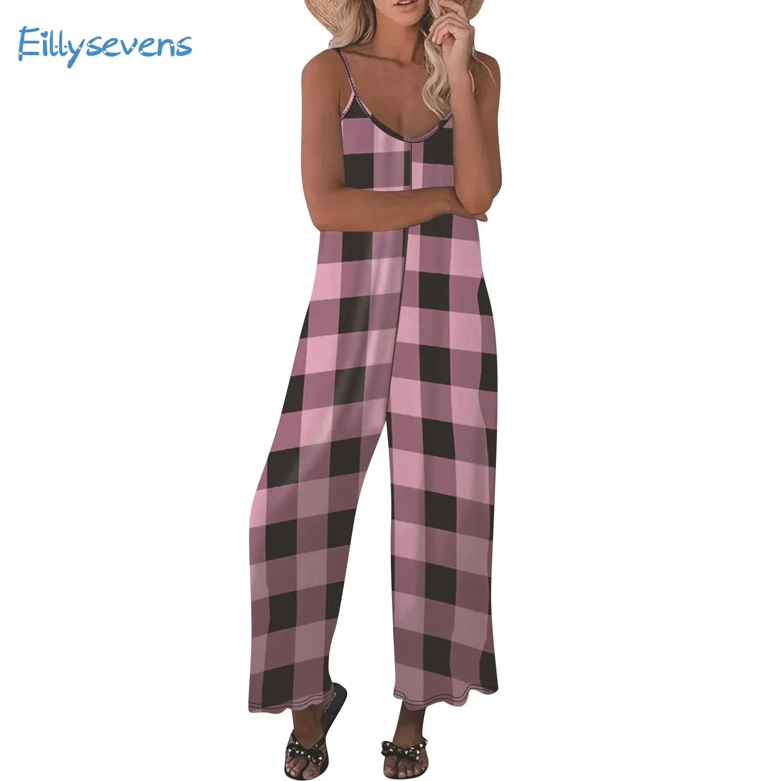 Summer Plaid Print Rompers Women Casual Fashion Regular Suspender Loose Wide Leg Jumpsuits Daily Vacation Commute Comfy Jumpsuit