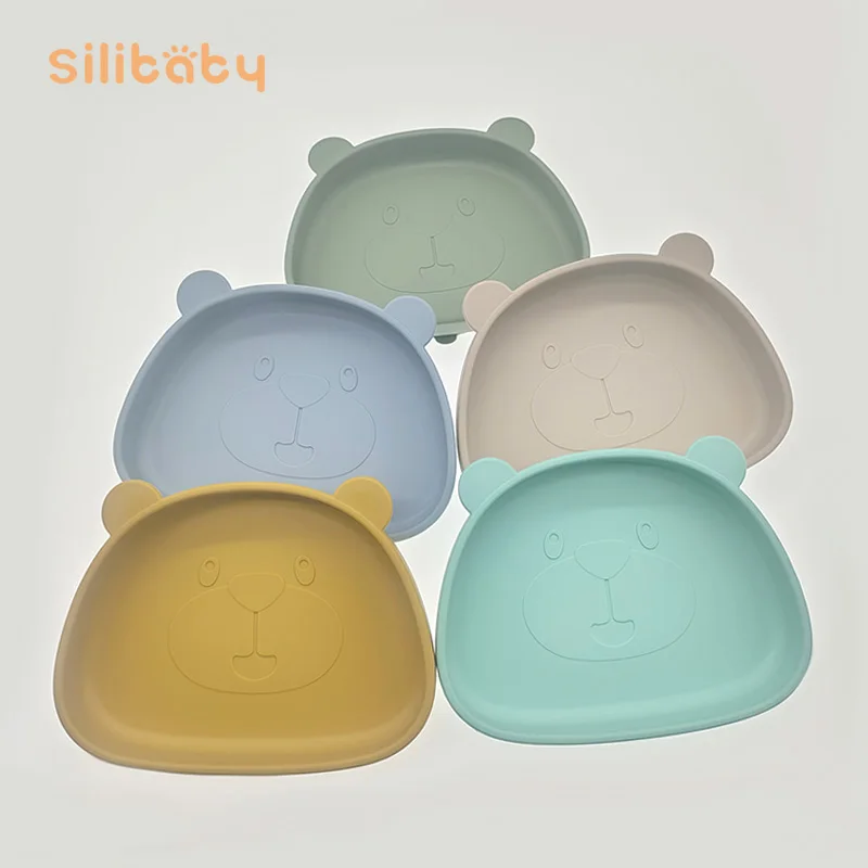 

Силиконовая обеденная тарелка и ложка Silibaby 3 шт., тарелка с мультяшным медведем, водонепроницаемая присоска, детские столовые приборы, не содержит Бисфенол А, детские вещи