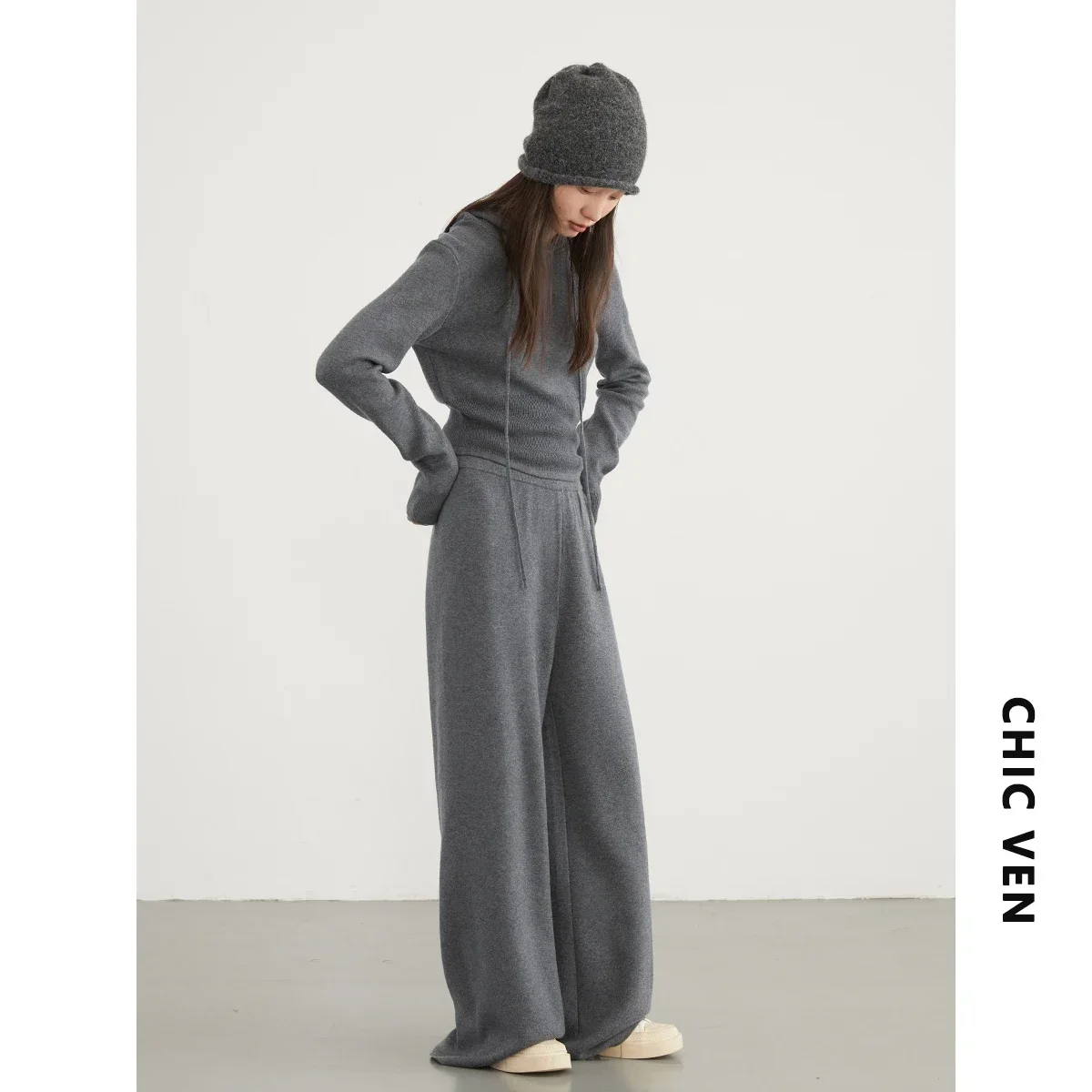 CHIC VEN Women Sweaters Loose Casual New Casual Hooded Knitwear Jumpers High Waist Wide Leg Pants Pullovers Autumn Winter 2023