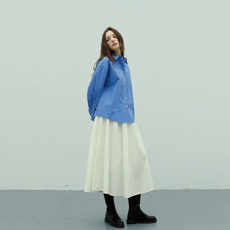

Contrast Blue Button Long Sleeved Shirt for Women's Wei Song 2024 Spring Korean Loose and Versatile Shirt Casual Cardigan Top