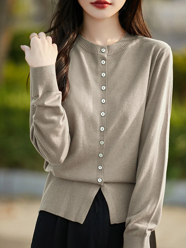 

100% Pure Wool Cardigan Women's Autumn Knit Shirt Elegant Long Sleeved Contrasting Button Knit Jacket Sweater Round Neck Top