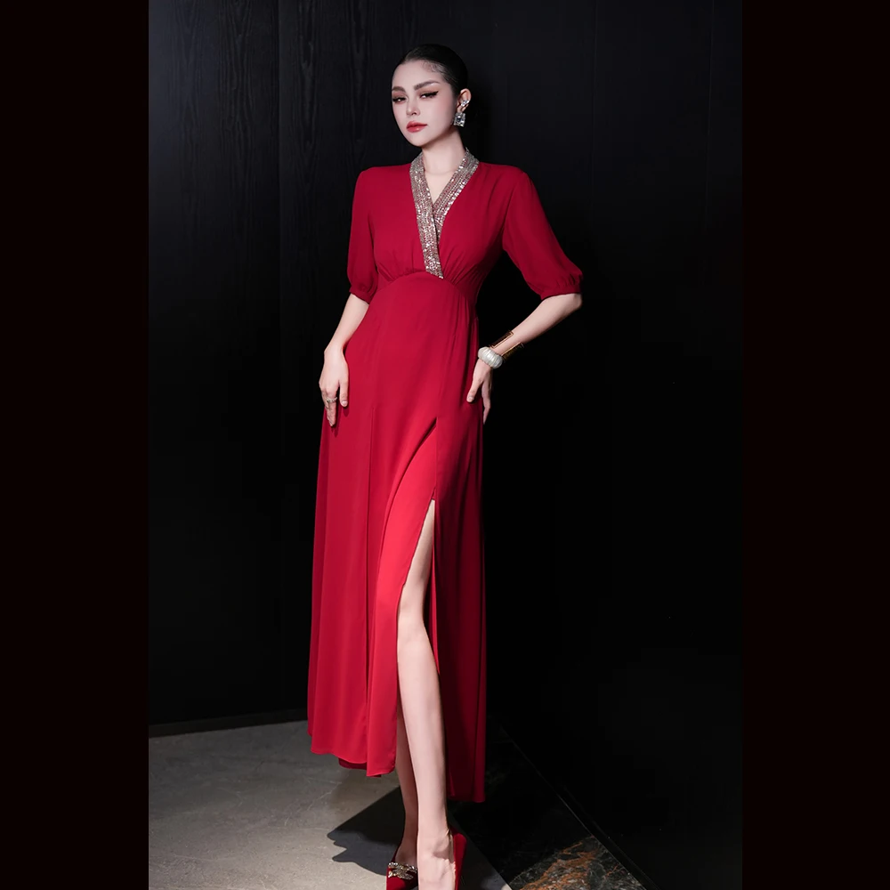 Meyyithun vestido feminino com decote em v frisado manga curta vermelho midi vestido formal sofisticado festa roupas femininas 1117m01