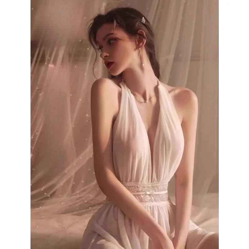 Hot Strappy Deep V Summer Nightdress with A Chic French Vibe, Mesh Lace Open-back Straps, Flowing Skirt, and Lace Waistband