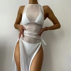 Msfilia Sexy Split Three Point Drawstring Swimsuit Women's Solid Color Mesh Three Piece Mesh Bikini Sets For Fashion Swimwear