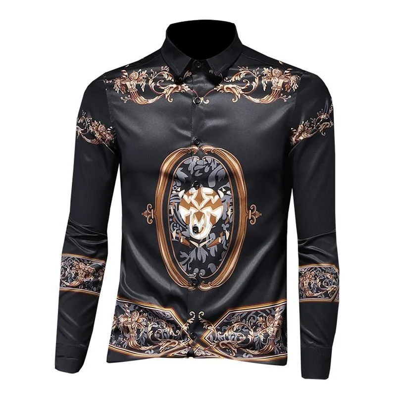 Autumn Spring And New Youth Personality Retro Print Square Neck Long Sleeve Single Breasted Men's Shirt Men's Clothing