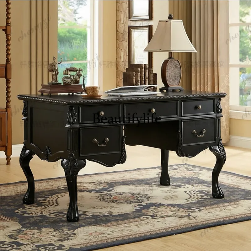 French solid wood boss desk medium antique black home study retro computer desk writing desk