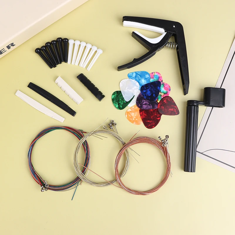 48Pcs/Set Acoustic Guitar Accessories Kit Capo Strings Picks Winder Bridge Pins Saddles All-in-One Guitar Care Kit For Beginner