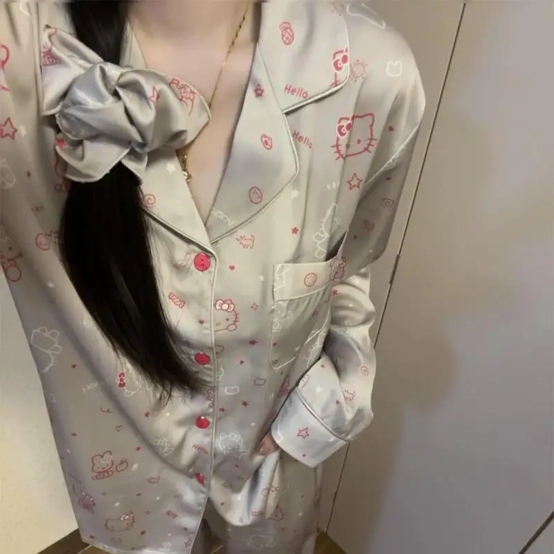 

2Pcs Sanrios Kawaii Pajamas Hello Kittys Summer Long Sleeved Pants Casual Comfortable Loose Thin Fashion Breathable Home Wear
