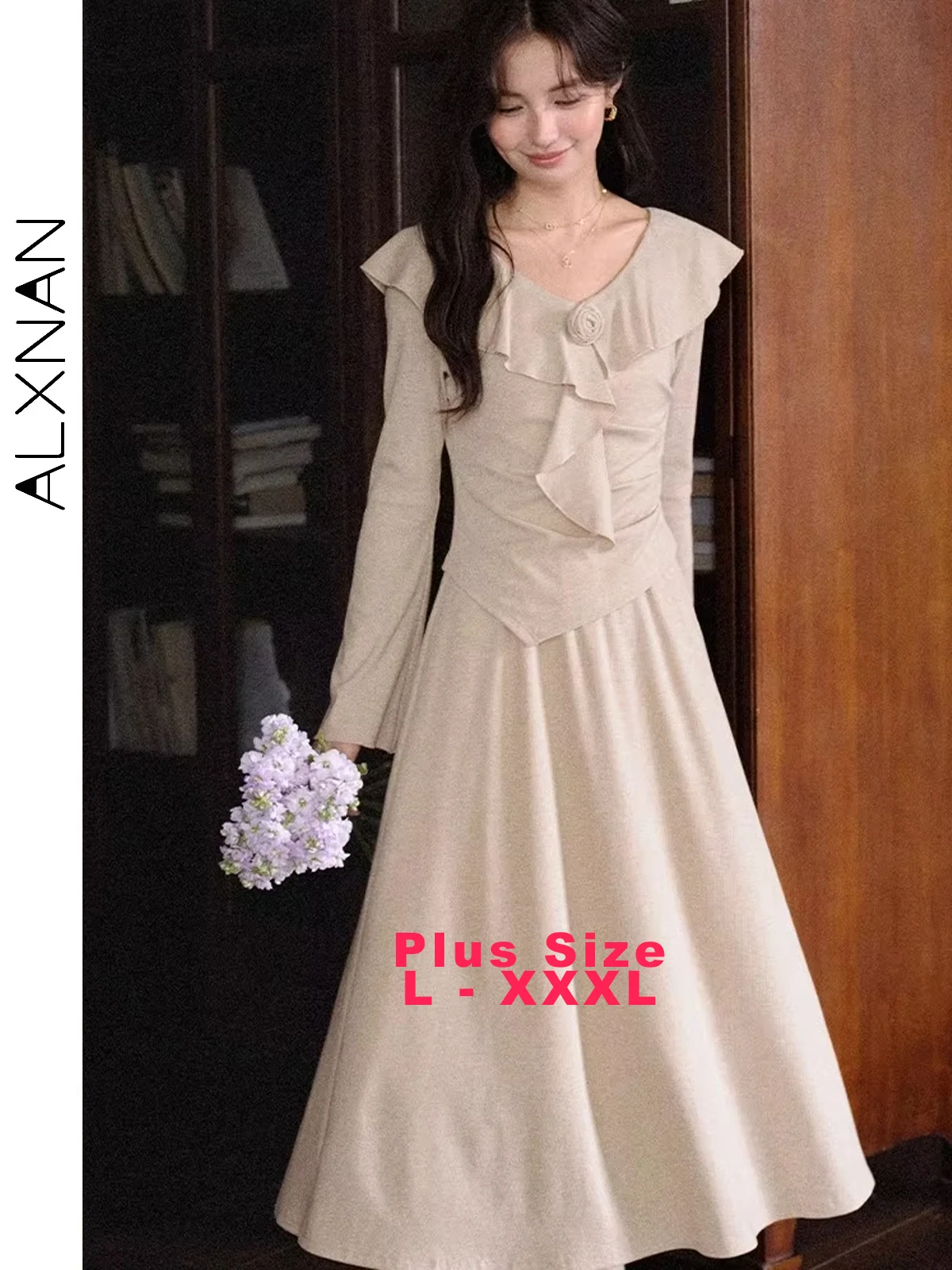 

ALXNAN Plus Size Dress Ruffled Long Sleeve 3d Flower Elegant V-neck Dresses 2025 Autumn Casual Holiday Female Clothing D12958