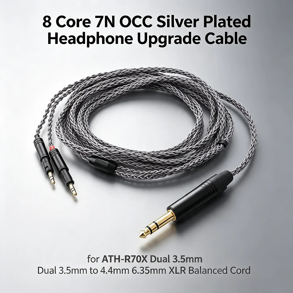 New OCC Silver Plated HIFI Headphone Upgrade Cable for ATH-R70X Dual 3.5mm to 4.4mm XLR 6.35mm Balanced Audio Replacement Cord