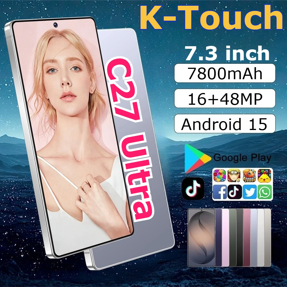 Téléphones mobiles K-Touch C27 Ultra, smartphone 7,3 pouces, 5G, double carte SIM, Android 15, appareil photo 16+48MP, 22GB+2TB, 7800mAh, Wifi, GPS, déverrouillage facial, version mondiale.