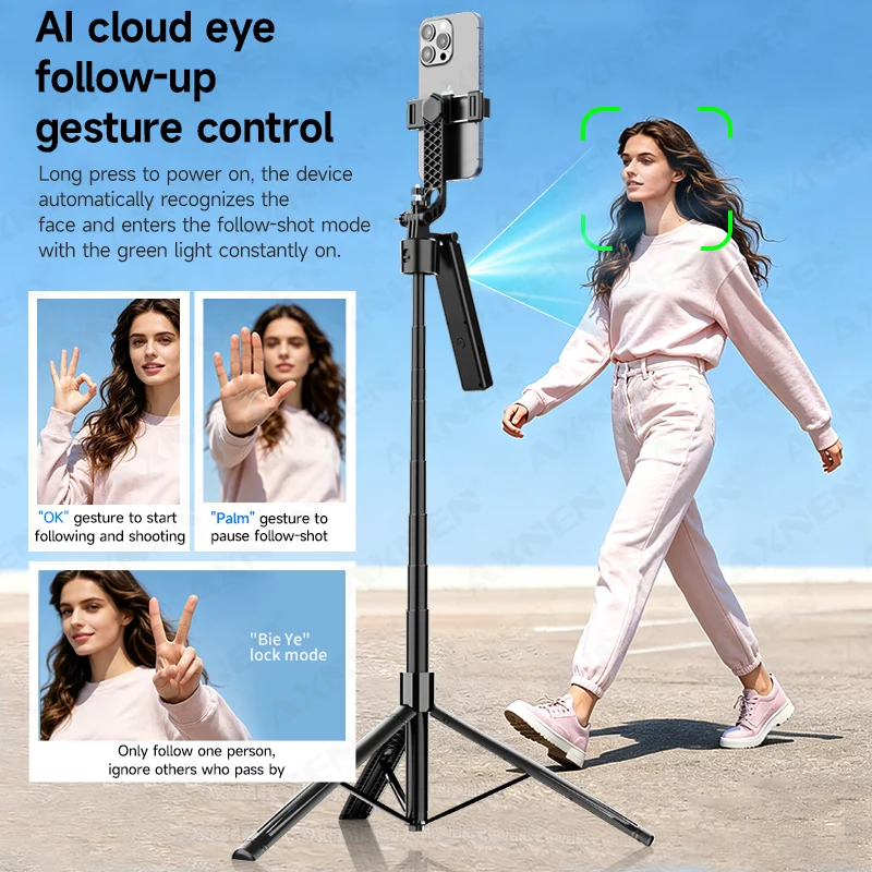 AI Tracking Gimbal Selfie Stick Cellphone Stand One Click Pop Up Tripod Extends to 75.59