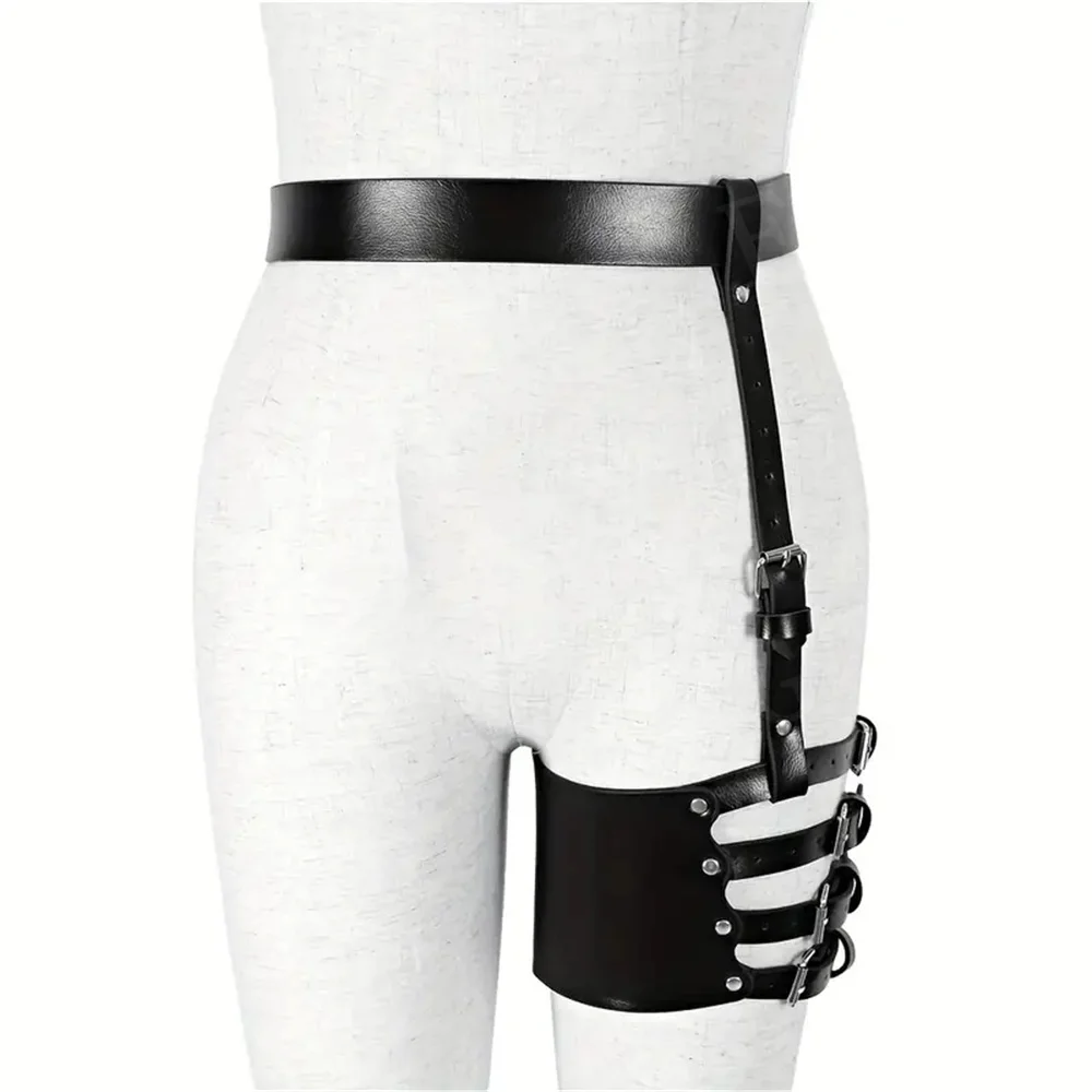 Gothic Single Leg Harness Belt Wide Multi Layer Buckle PU Leather Garter Belt Adjustable Thigh Belt Women\'s Waistband Accessorie