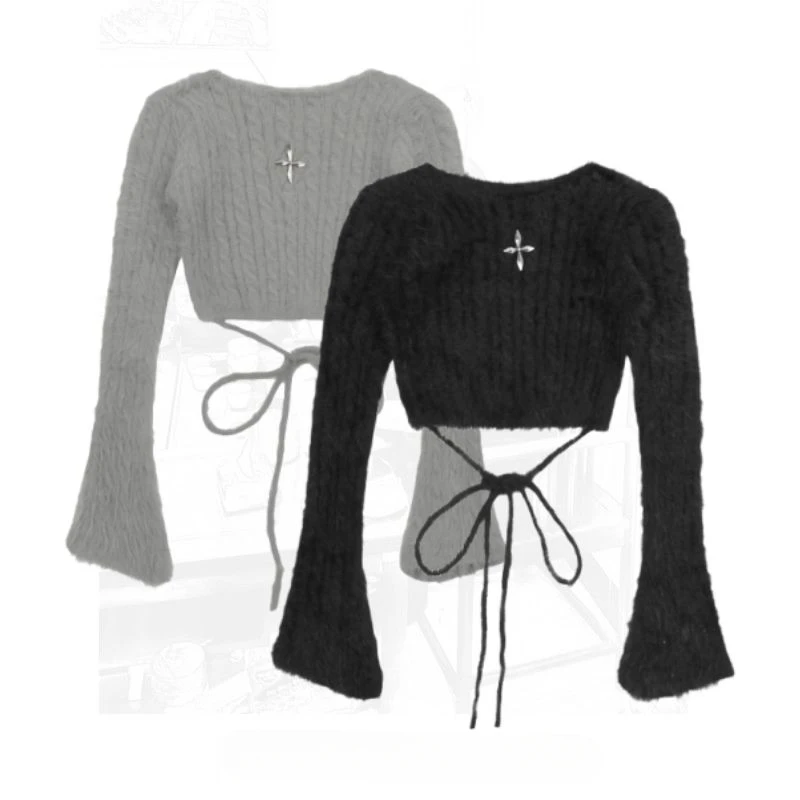 

Gothic Grunge American Knit Sweater Cropped Tops Flared Sleeves Y2k Clothes Trend Lace-up Streetwear Slim Backless Fluffy Soft