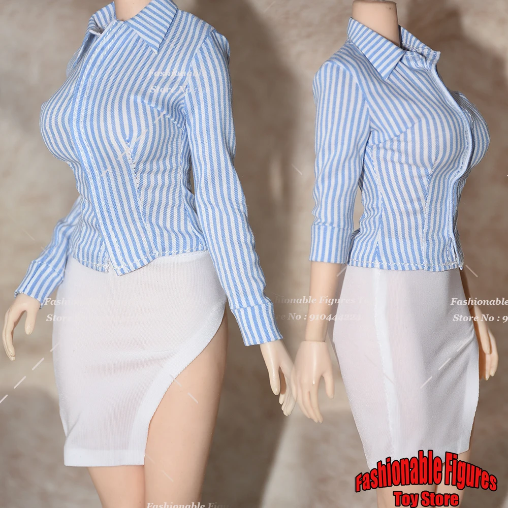 1/6 Women Soldier Slim Shirt Blue Striped Lapel Blouses Classic Office Ladies Tops Basic Tees Fit 12Inch Action Figure Model