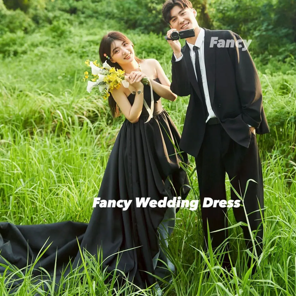 Fancy Irregular Strapless Wedding Dress Korea Photoshoot A Line Bridal Gown Soft Satin Back Corset Evening Dresses Customized