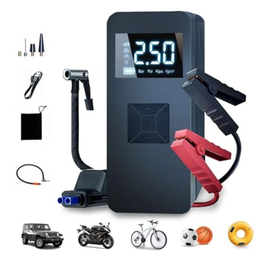 

Портативный воздушный компрессор для накачивания шин с цифровым манометром для транспортных средств, автомобильный воздушный насос высокой емкости 20000 мАч со встроенным i