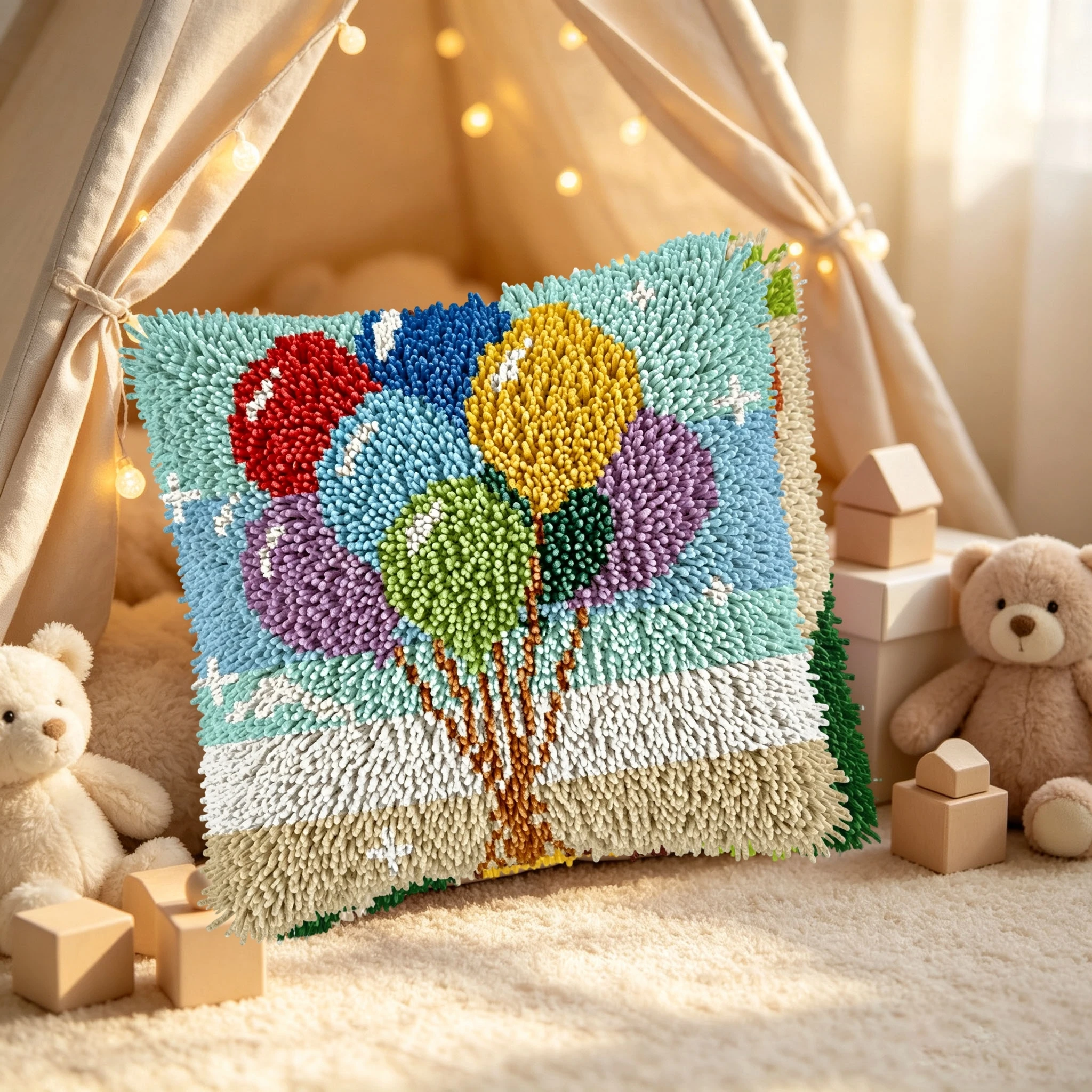 1Set Colorful Balloon Tree Knot Pillow Latch Hook Kit Cushion Pillowcase Set For Needlework Latch Hook Kits DIY Beginner-friendl