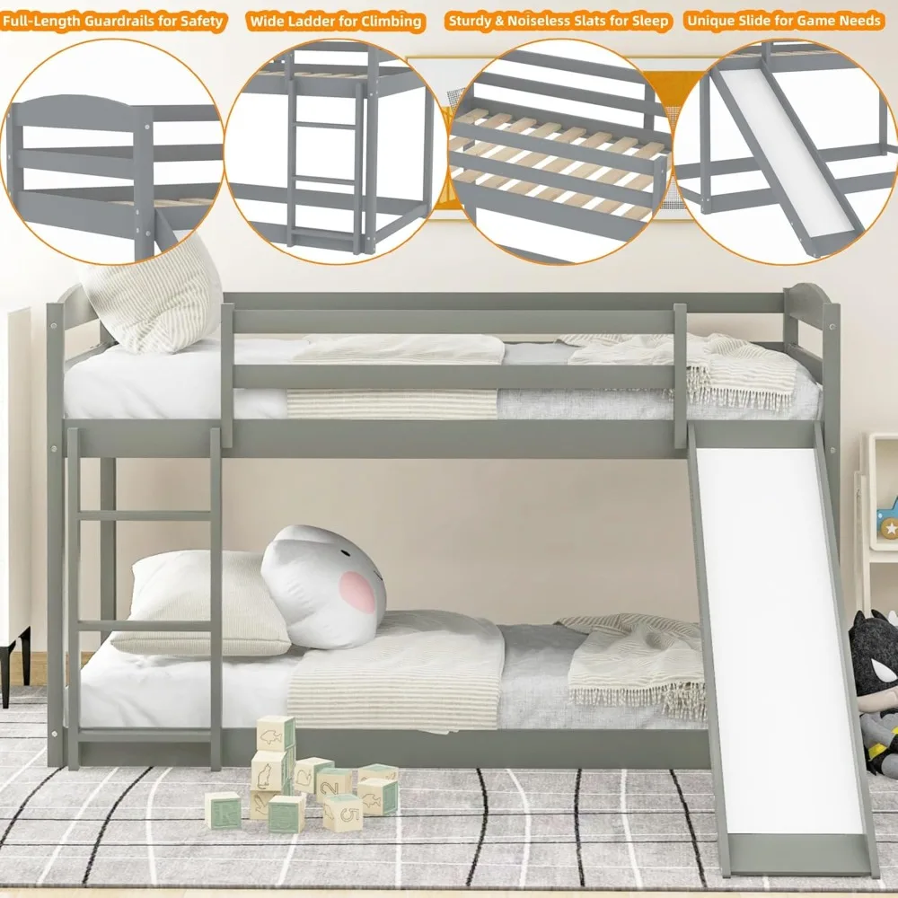 سرير مزدوج بطابقين منخفض مع منزلق، سلم، قضبان أمان، سعة 400 رطلاً للمراهقين والكبار #3