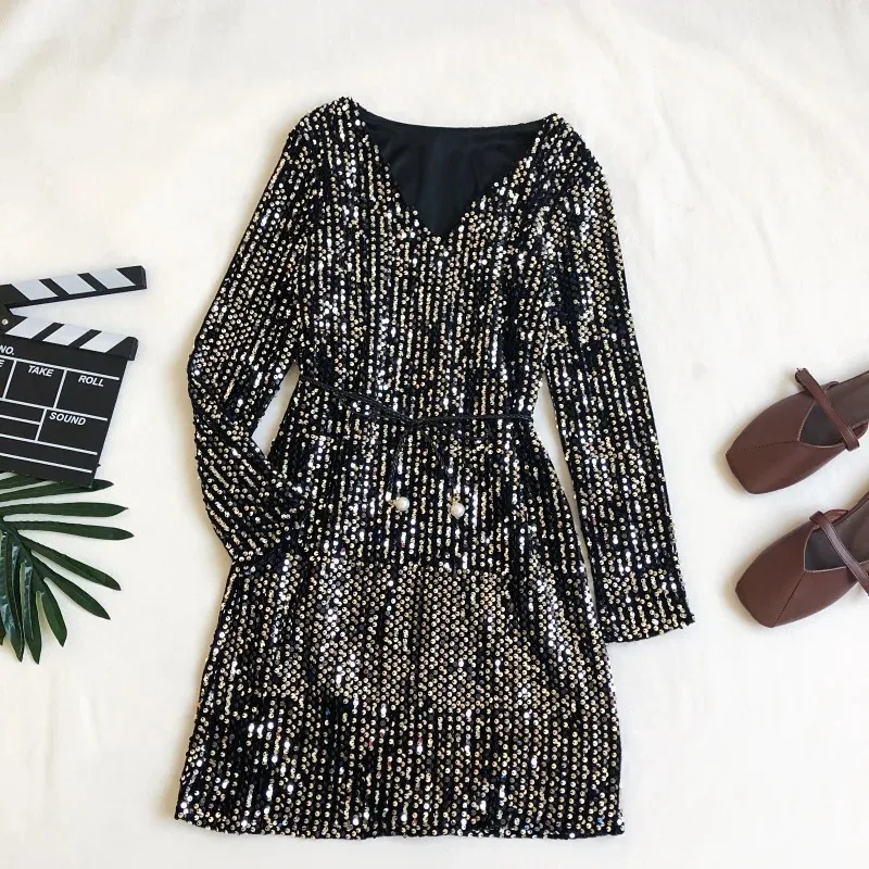 knee length dresses for ladies Kaufmanfranco Silver Sequin Long Sleeve Dress Size 6 main image 0