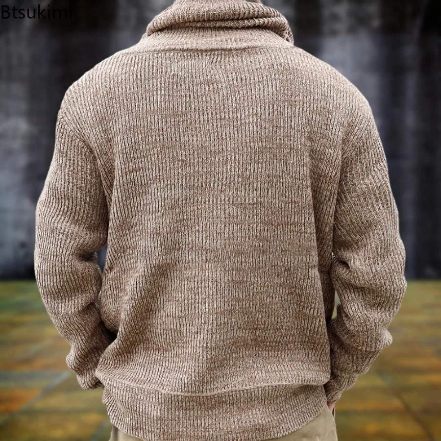 2024 Men's Warm Knitted Sweaters Solid Turtleneck Drawstring Long Sleeve Knitted Pullover Tops Mens Autumn Winter Sweater Hoodie