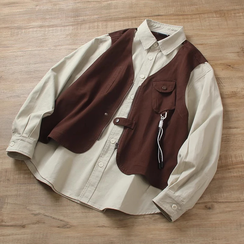 

Fake Two Pieces Heavy-duty Washed Vest Shirts Men Women Brown Khaki Splice Loose Casual Shirt Clothes