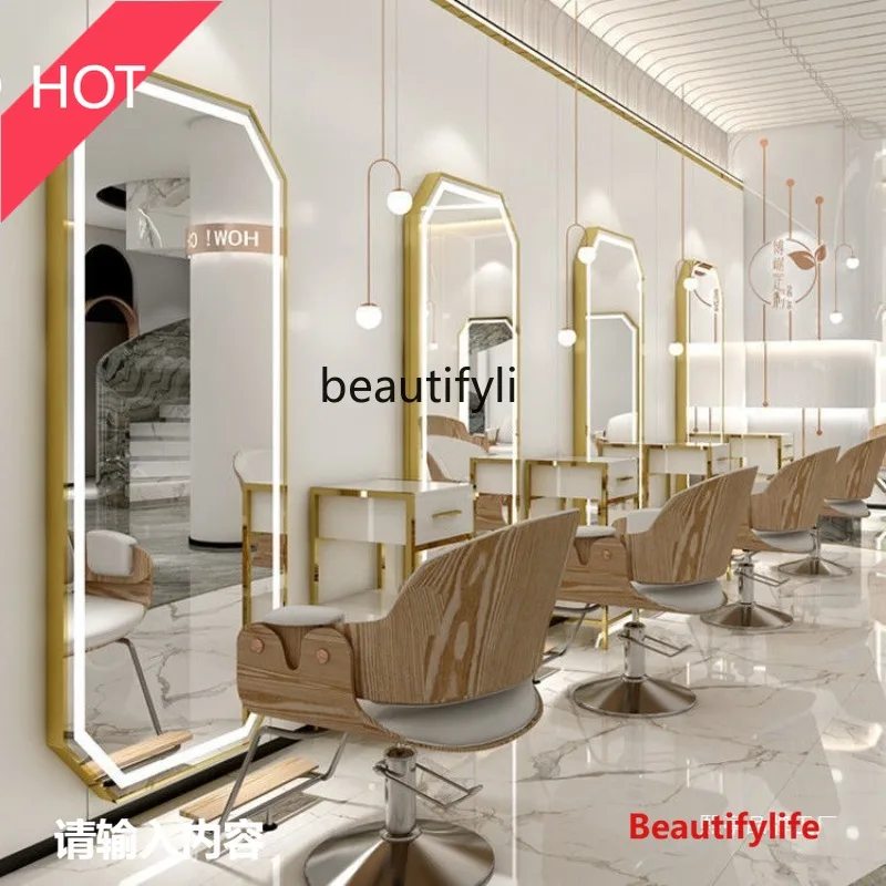 Barber Shop Mirror Stand Salon Special Wall-Mounted Simple Hair Salon Floor Mirror LED Perm Dye Mirror Stand Touch Control