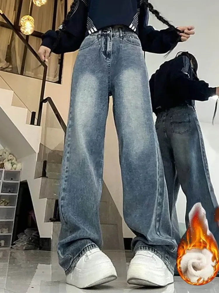 

Thiened Fce Lined Men's Straight Leg Jeans Winter Faion High Street Loose Wide Leg Pants Youth Trendy Wear Resistant