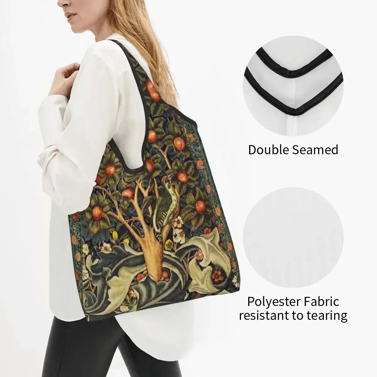 Custom William Morris Woodpecker In Fruit Tree Shopping Bags Women Portable Big Groceries Birds Rabbits Floral Shopper Tote Bags