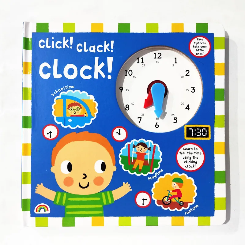 التعليم في مرحلة الطفولة المبكرة، كتاب صور من الورق المقوى للتنوير باللغة الإنجليزية، انقر فوق! كلاك! الساعة! الكتاب التفاعلي على مدار الساعة