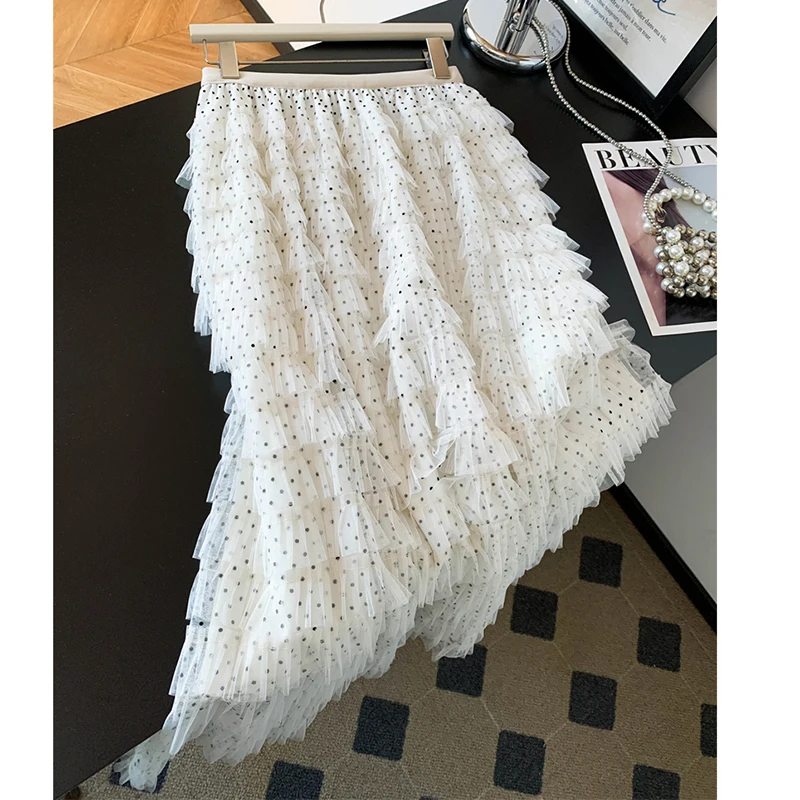 

Винтажная длинная юбка макси в горошек для женщин, с эластичной высокой талией, многоярусная, с драпировкой, белая, повседневная, летняя, уличная мода, Saias Mujer