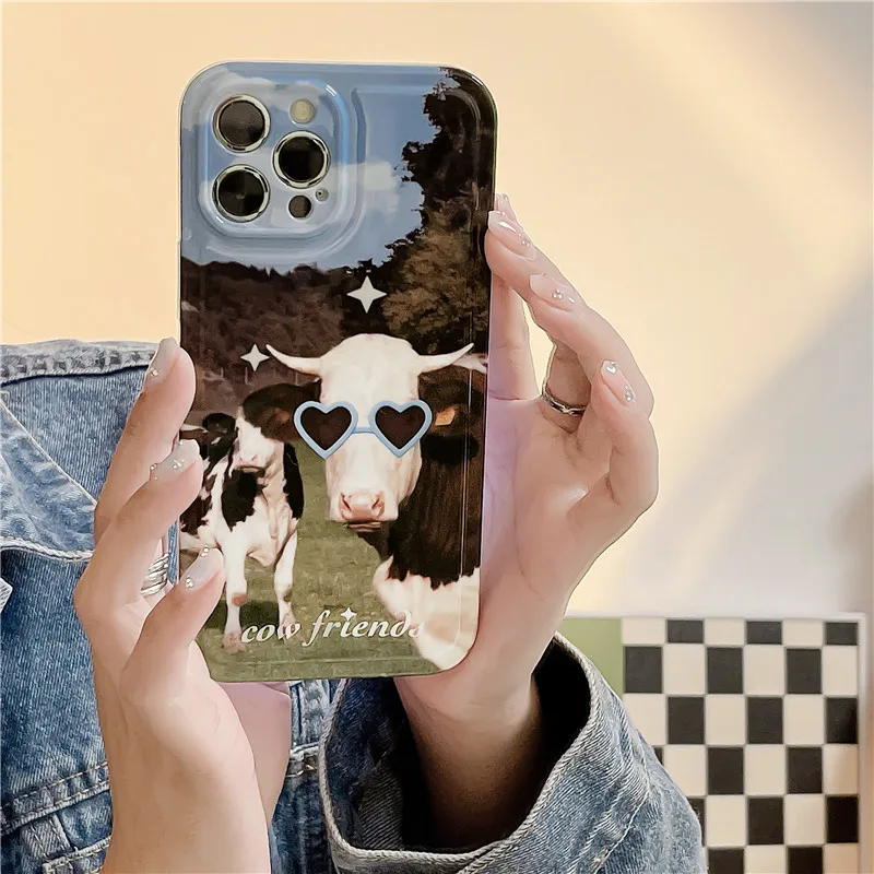 Divertenti occhiali da sole estivi cow friends farm partner art Phone Case per iPhone 15 14 13 12 Pro Max Case Cute Cover morbida antiurto