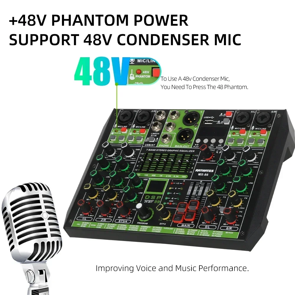 RAYHAYES MX-88 8-Channel Professional Audio Mixer USB Bluetooth Audio Interface DJ Mixer for Stage and Studio