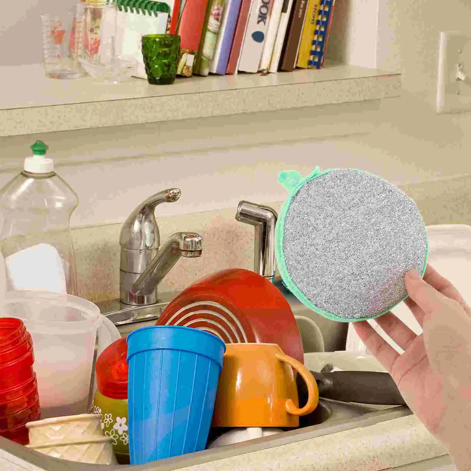 5pcs Dishcloth For Tough Cleaning Dual Scrub Sponge Round Dish Washing Sponge Scrubber Rag Dish Pad Cleaner Home Kitchen Cleanin