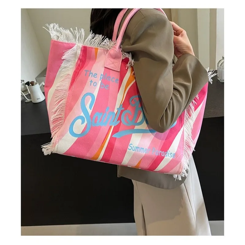 Basic Style Tassel Canvas Women's Shoulder Bags Interior Pocket 2024 New Fashion Large Capacity Pattern High Quality Handbags image 2
