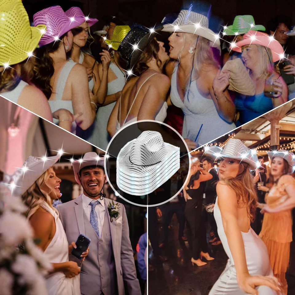 7255 10 Pcs Led Sequin Cowboy Hats With Heart & Star Glasses- Flashing Amazon.com: Zhanmai 8 Pieces Cowboy Hat LED Light Up Hat and  main image 4