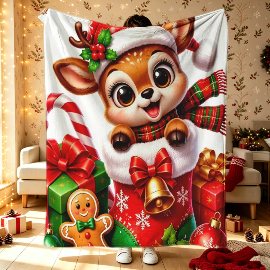Adorable Christmas Reindeer Gingerbread Man Candy Cane Bell Printed Flannel Throw Blanket, 2D Single-Sided Printed Holiday Decor