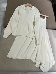 女性用カシミヤセータースーツ,ニット長袖セーター,ストレッチニットスカート,婦人服,2点セット,秋,2022