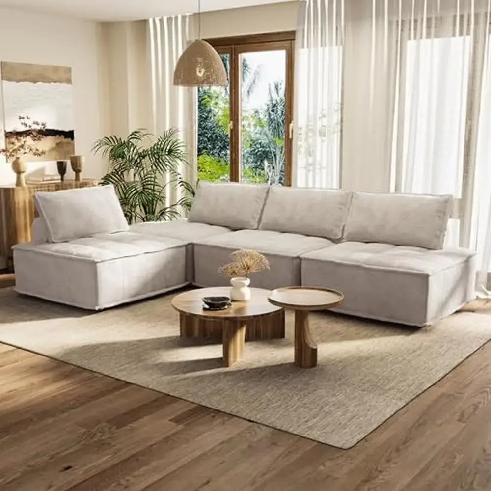 

L-Shaped Modular Sectional Sofa Set Hotel Living Room Corduroy Cushion Couches Comfy Soft Cloud Elegant Durable Flexible Design