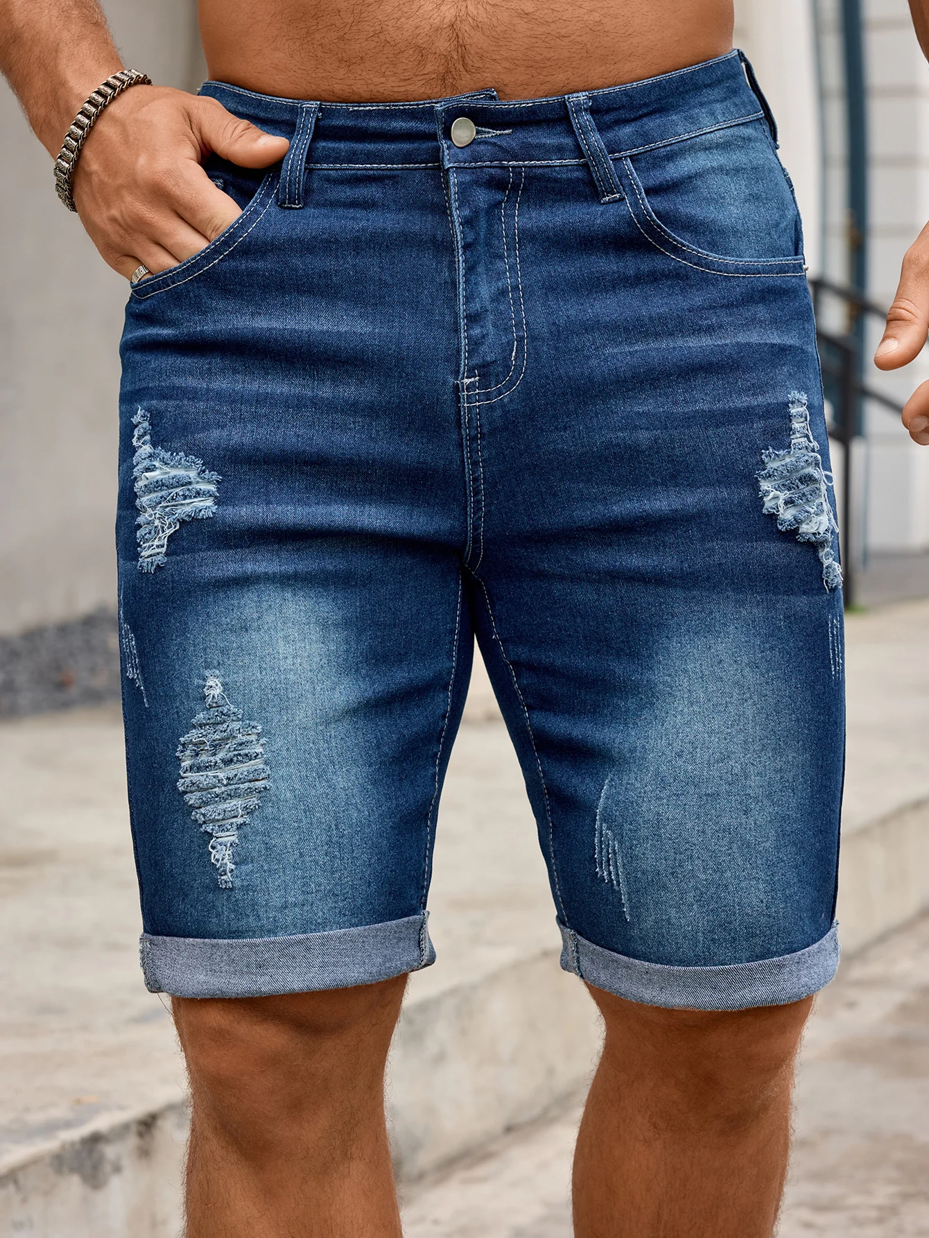 Men Denim Trousers Jeans Shorts Pants, Ripped Hole Rolled Hem Mid Waist Stretch Slim Fit Streetwear Casual Pants view 6
