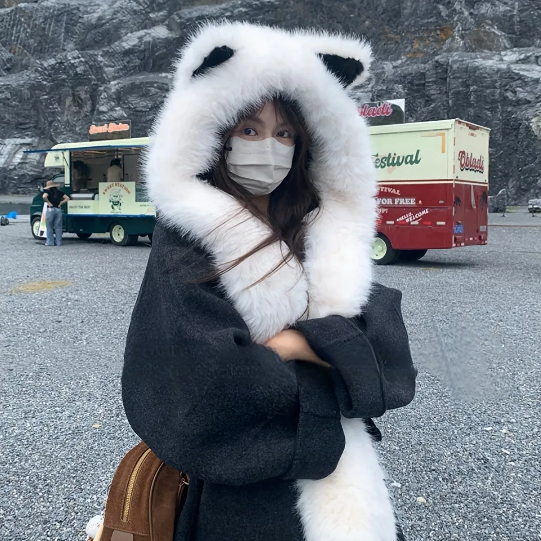 القط الأذن أفخم قبعة وشاح للنساء الفتيات شتاء دافئ فو الفراء رشاقته وشاح قبعة مجموعة عيد الميلاد حفلة الرقبة ديكور دفئا هدية