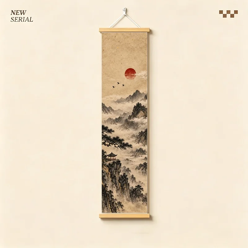 Japanese Landscape Wall Art with Four Seasonal Scenes on Silver Shimmer Canvas for a Serene Living Room or Tea Room