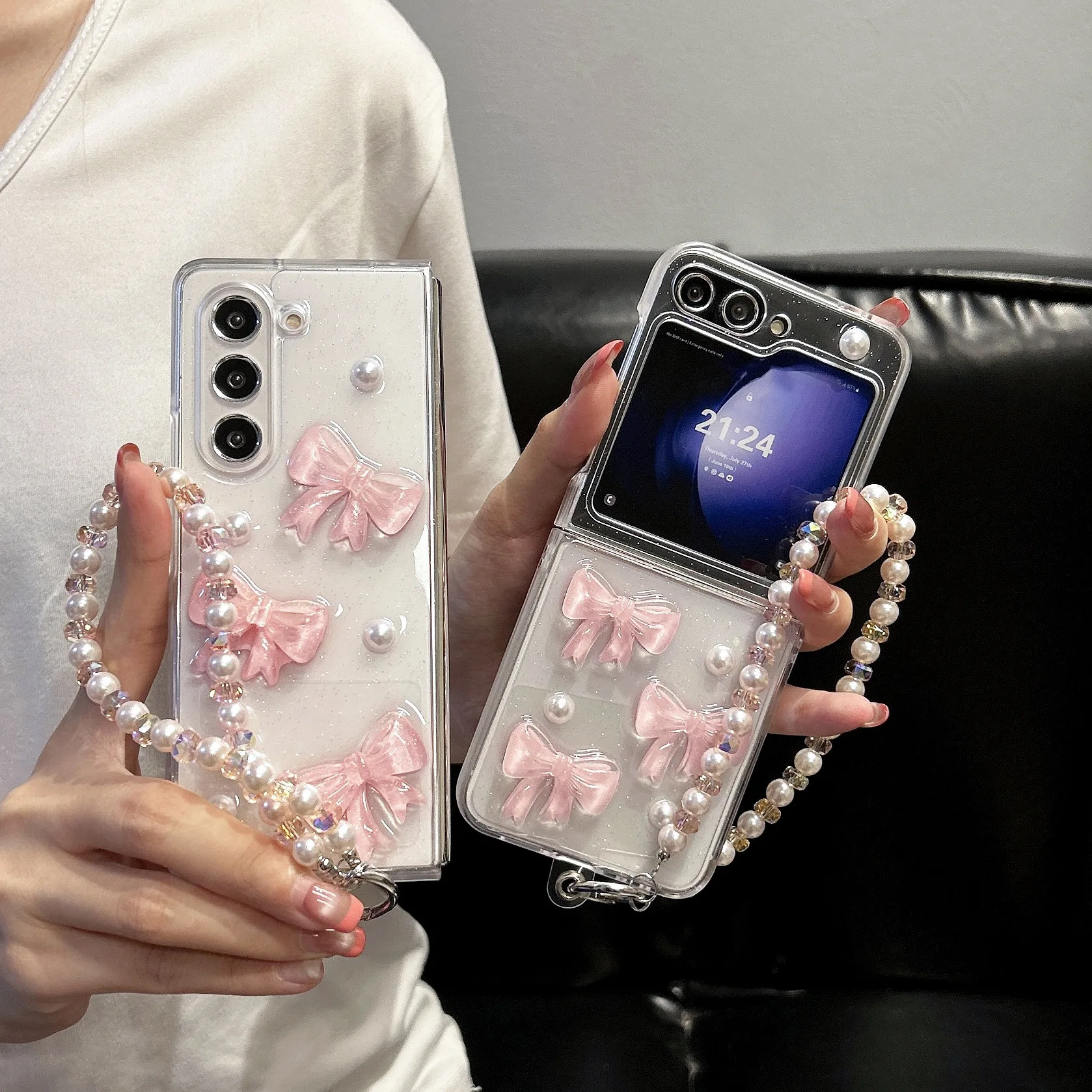 

Pink Bowknot Phone Case For Samsung Galaxy Z Flip Z Fold 7 6 5 4 Protective Back Cover For ZFold7 ZFlip7 Case Shell